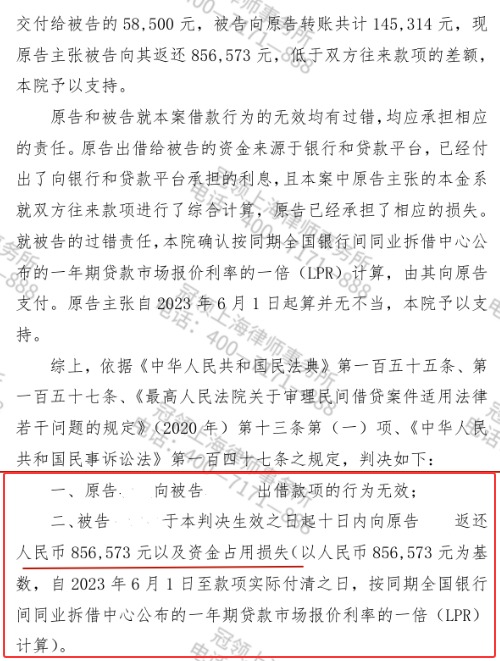 冠领律师代理上海宝山民间借贷纠纷案获法院支持85.6万余元及资金占用费-2